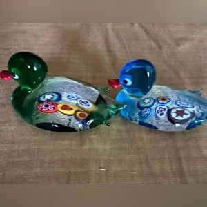 NEW MURANO GLASS 2 DUCKS WITH MURRINA & SILVER FIGURINES.MADE IN MURANO, ITALY.
